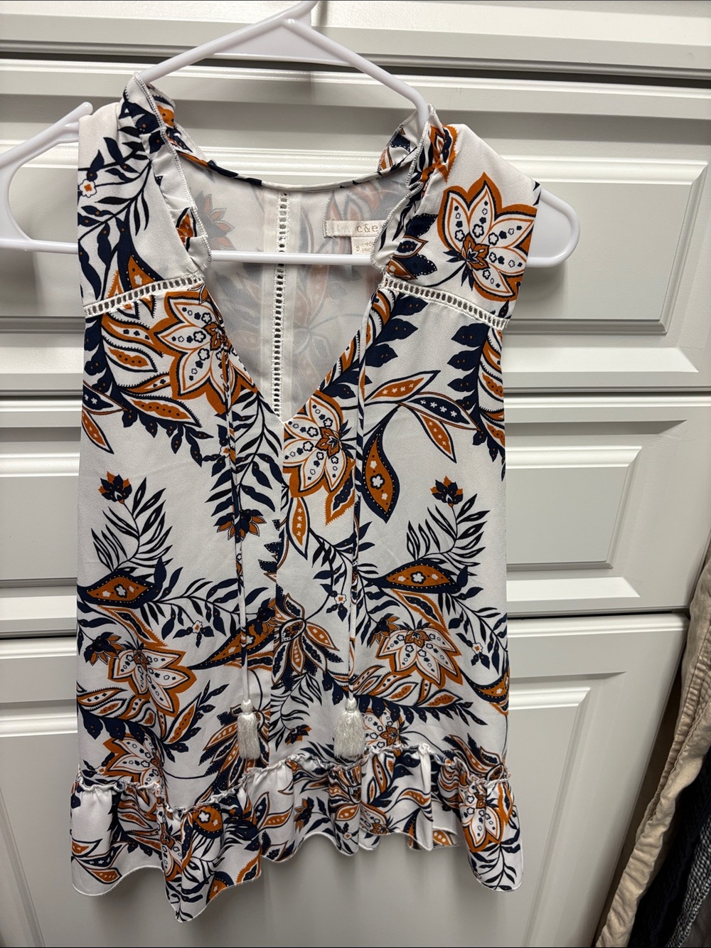 Sleeveless V-Neck Floral Blouse in White, Navy & Mustard